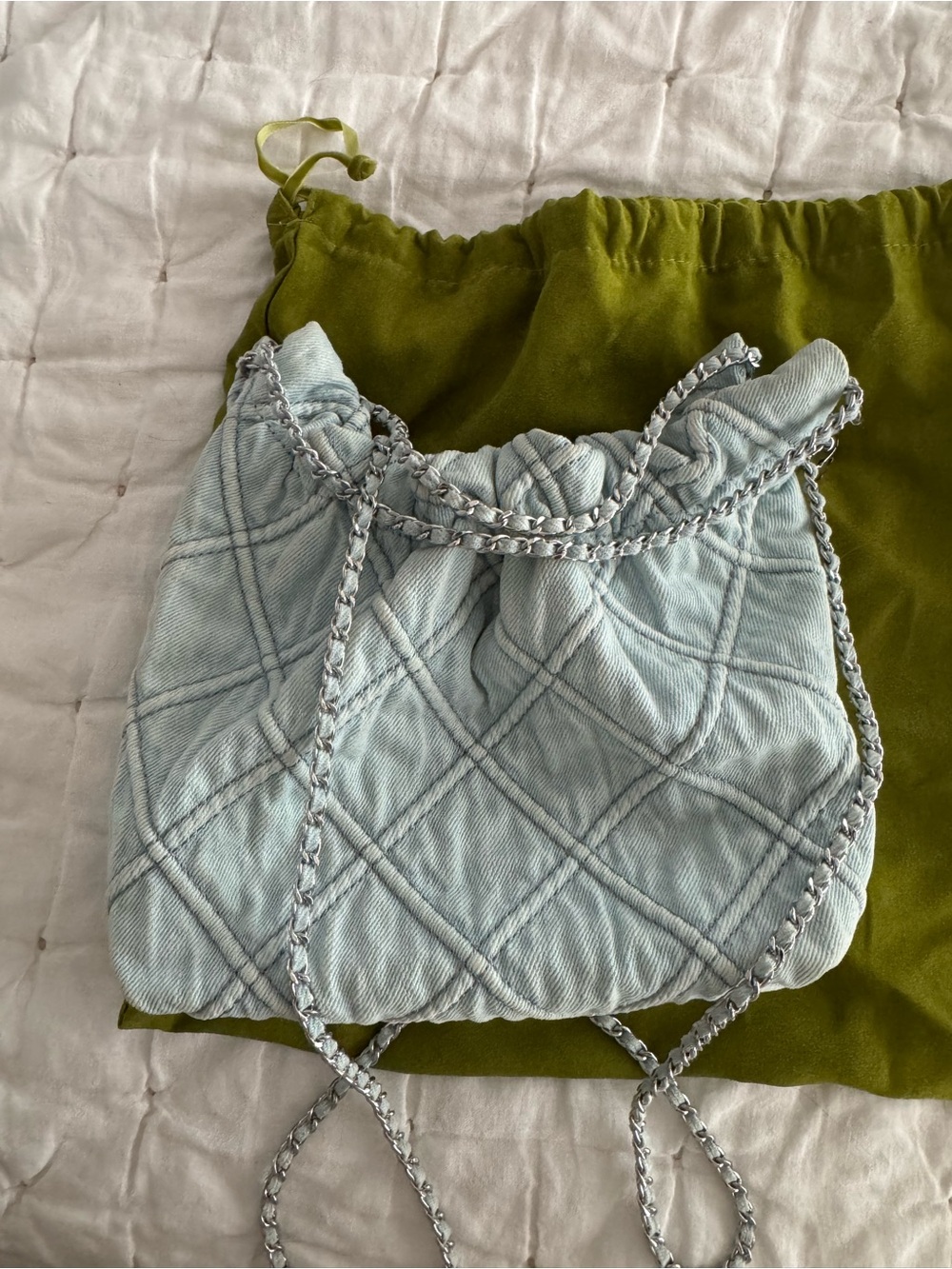 Tory Burch Mini Fleming Quilted Denim Hobo Bag – Light Blue / Silver Hardware